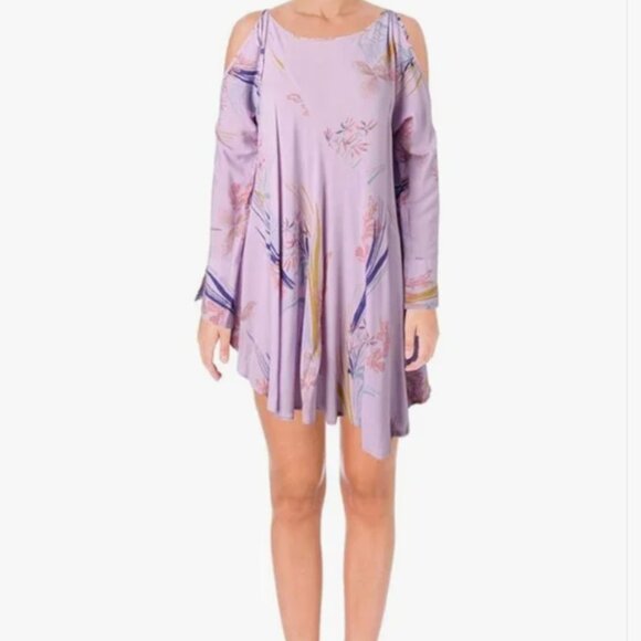 FREE PEOPLE Fall Dress Tunic Clear Skies Lilac Shift Cold Shoulder Floral Large - Picture 8 of 14